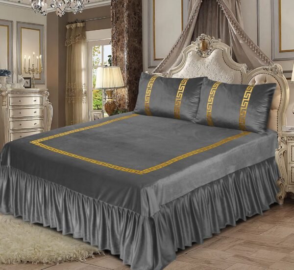 3 Piece Emboss Velvet Applic Bridal Bedset Grey on the bed