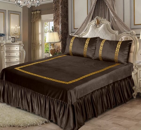 3 Piece Emboss Velvet Applic Bridal Bedset Dark Brown on the bed