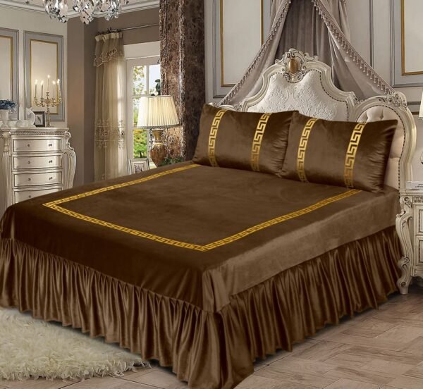 3 Piece Emboss Velvet Applic Bridal Bedset Mehndi on the bed