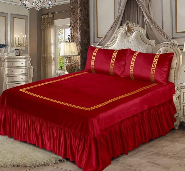 3 Piece Emboss Velvet Applic Bridal Bedset Red on the bed