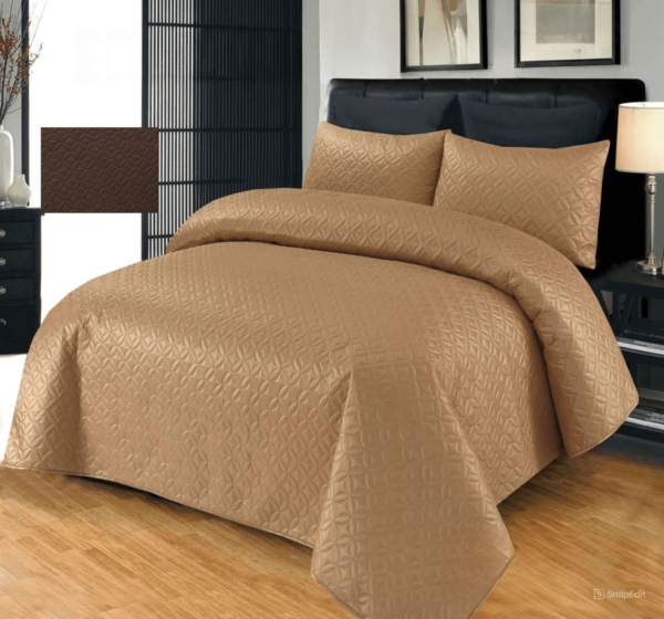 3 Piece Jersey Ultrasonic Quilted Bedspread camel is on the bed