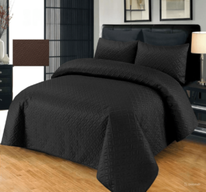 3 Piece Jersey Ultrasonic Quilted Bedspread Black is on the bed