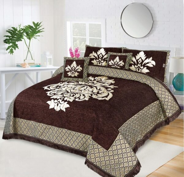 5 Piece Crown Style Velvet Jacquard Bedsheet Set Brown is on the bed