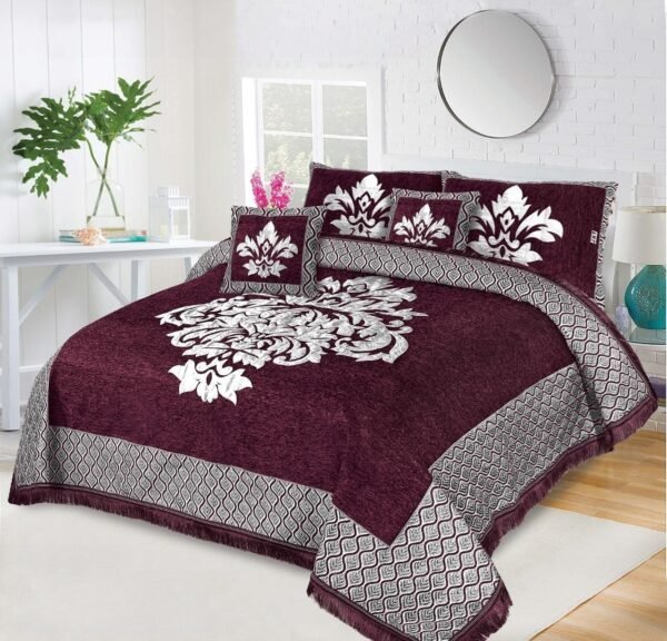 5 Piece Crown Style Velvet Jacquard Bedsheet Set Maroon is on bed