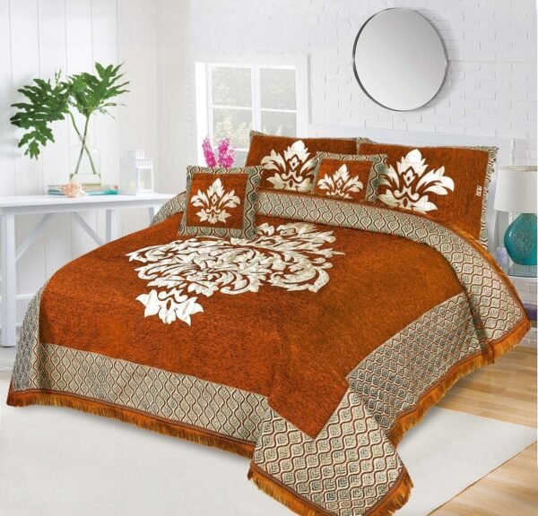 5-Piece-Crown-Style-Velvet-Jacquard-Bedsheet-Set-Mustured is on the bed