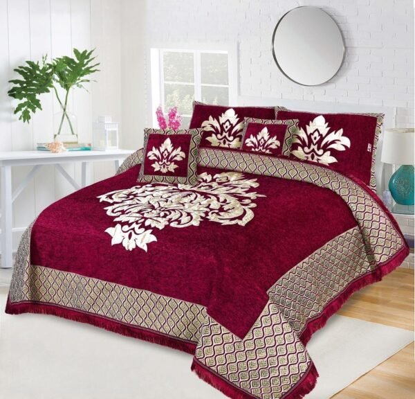 5 Piece Crown Style Velvet Jacquard Bedsheet Set Red is on bed