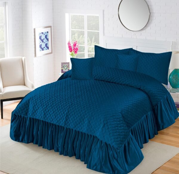 5-Piece Emboss Velvet Quilted Frilled Bridal Bedsheet Set Blue on the bed