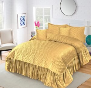 5-Piece Emboss Velvet Quilted Frilled Bridal Bedsheet Set Golden