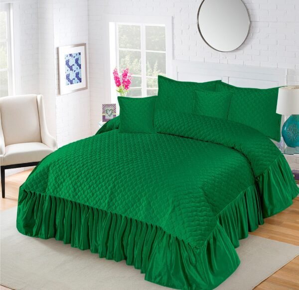 5-Piece Emboss Velvet Quilted Frilled Bridal Bedsheet Set Green on bed