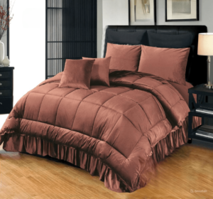 6-Piece-Bridal-Embossed-Velvet-Frill-Razai-Set-Copper is on the bed