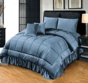 6-Piece-Bridal-Embossed-Velvet-Frill-Razai-Set-grey is on the bed