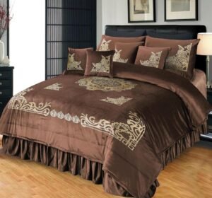 9 Piece Emboss Velvet Applic Duvet Bridal Set Copper is on bed