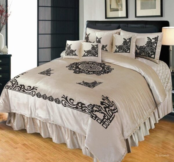 9 Piece Emboss Velvet Applic Duvet Bridal Set Cream is on the bed