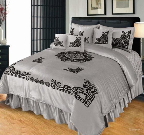 9 Piece Emboss Velvet Applic Duvet Bridal Set Grey is on bed