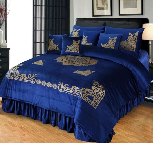 9PC Emboss Velvet Applic Duvet Bridal Set Blue is on the bed