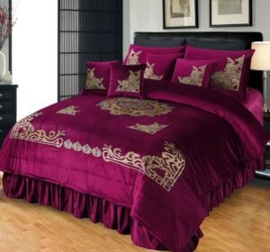 9 Piece Emboss Velvet Applic Duvet Bridal Set Maroon is on the bed