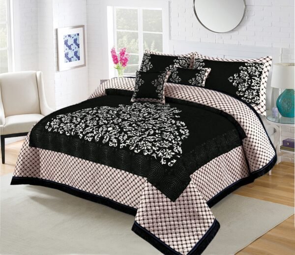 5PC Turkish Style Velvet Jacquard Bedsheet Set Black is on the bed