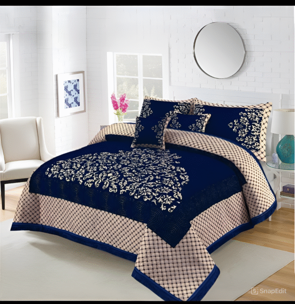 5PC Turkish Style Velvet Jacquard Bedsheet Set Blue is on bed