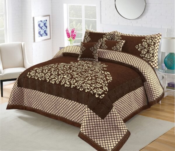 5PC Turkish Style Velvet Jacquard Bedsheet Set Brown is on the bed