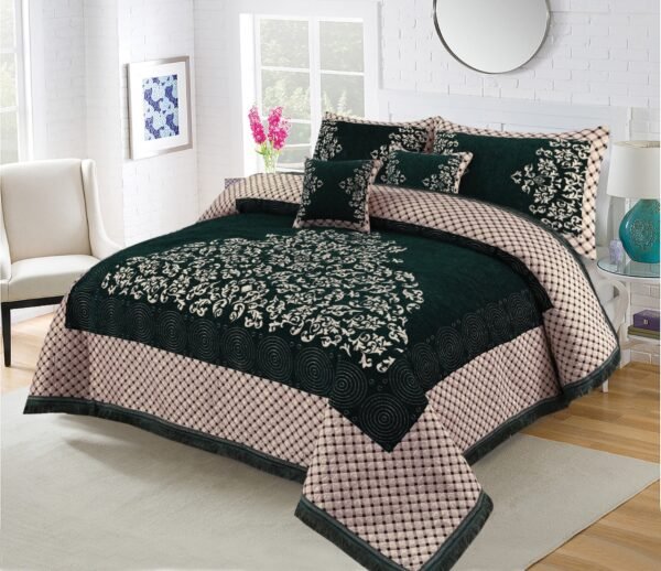5PC Turkish Style Velvet Jacquard Bedsheet Set Dark Green is on the bed