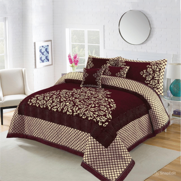 5PC Turkish Style Velvet Jacquard Bedsheet Set Maroon is on the bed