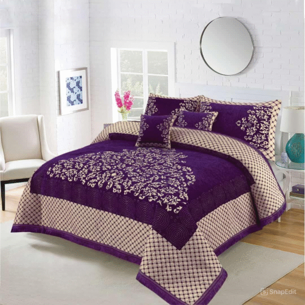5PC Turkish Style Velvet Jacquard Bedsheet Set Purple is on the bed