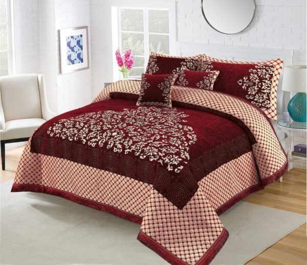 5PC Turkish Style Velvet Jacquard Bedsheet Set Red is on the bed