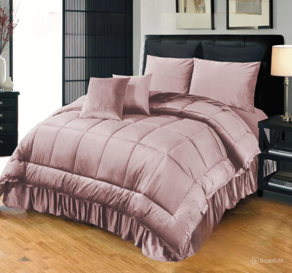 6 Piece Bridal Embossed Velvet Frill Razai Peach Set is on the bed
